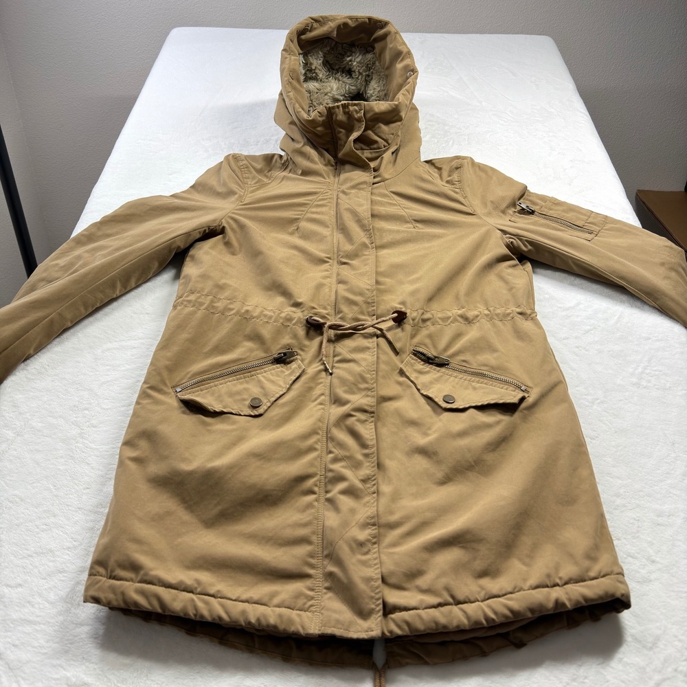 H&M Divided Parka Jacket Womens Size 8 Tan Good Faux Fur Hood Utility Coat